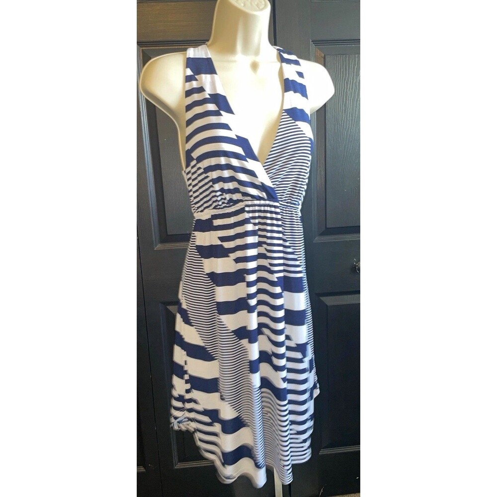 Veronica M Navy White Striped Dress Size M Sleeveless V Neck Coastal Old Money